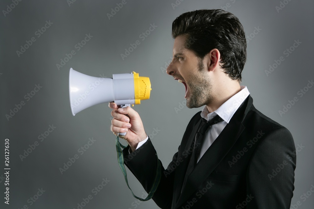 bullhorn businessman megaphone profile shouting bullhorn businessman megaphone profile shouting