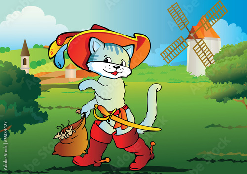 Puss in Boots on landscape background. Fairy-tale.