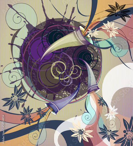 planet with fanfares swirls and flowers