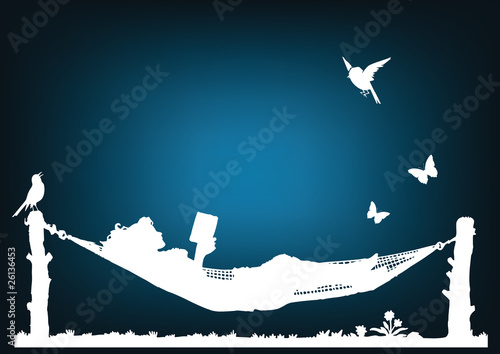 White silhouette of a woman reading in a hammock