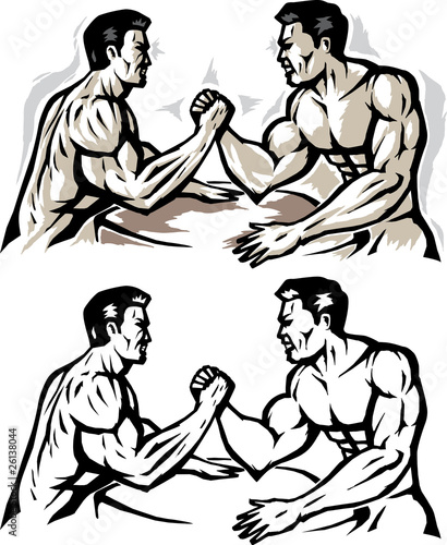 Stylized men arm wrestling.