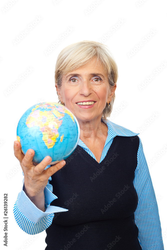 Senior corporate woman hold a globe Senior corporate woman hold a globe