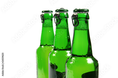 green beer bottles isolated on white background