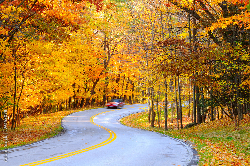 Obraz premium Car on curvy road in autumn with motion blur to show speed