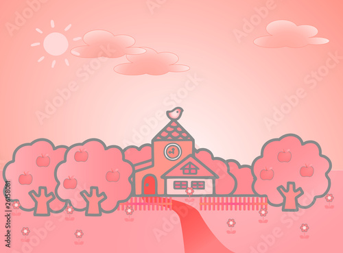 spring summer landscape with cute tower, vector