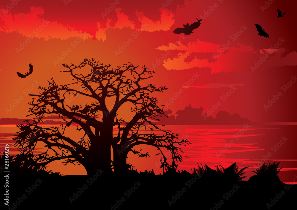 Sunset. Vector art-illustration on a red background. Sunset. Vector art-illustration on a red background.