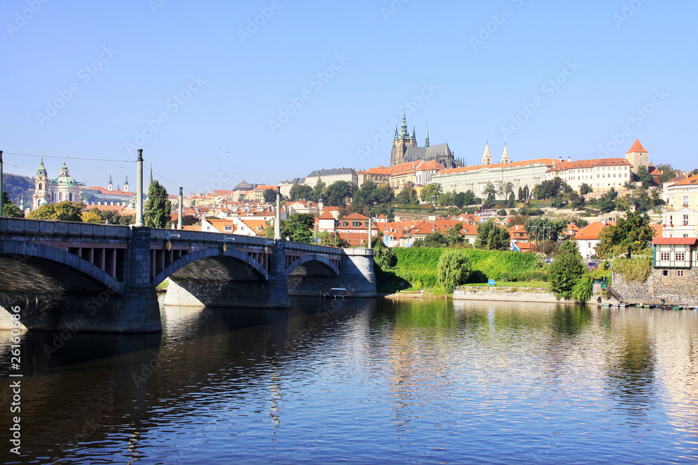 View on the autumn Prague gothic Castle above River Vltava