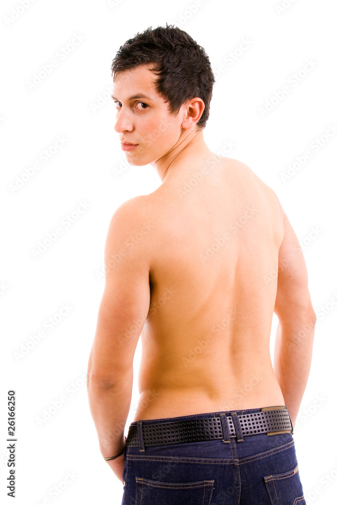 Young muscular male from the back, isolated on white background Young muscular male from the back, isolated on white background