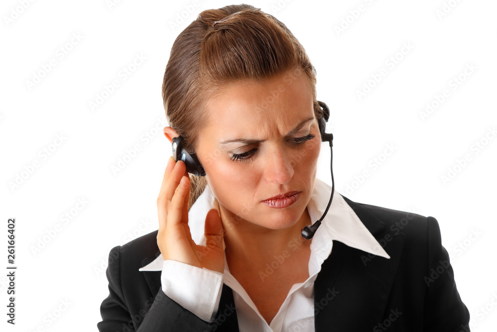 worried modern business woman with headset isolated on white. worried modern business woman with headset isolated on white.