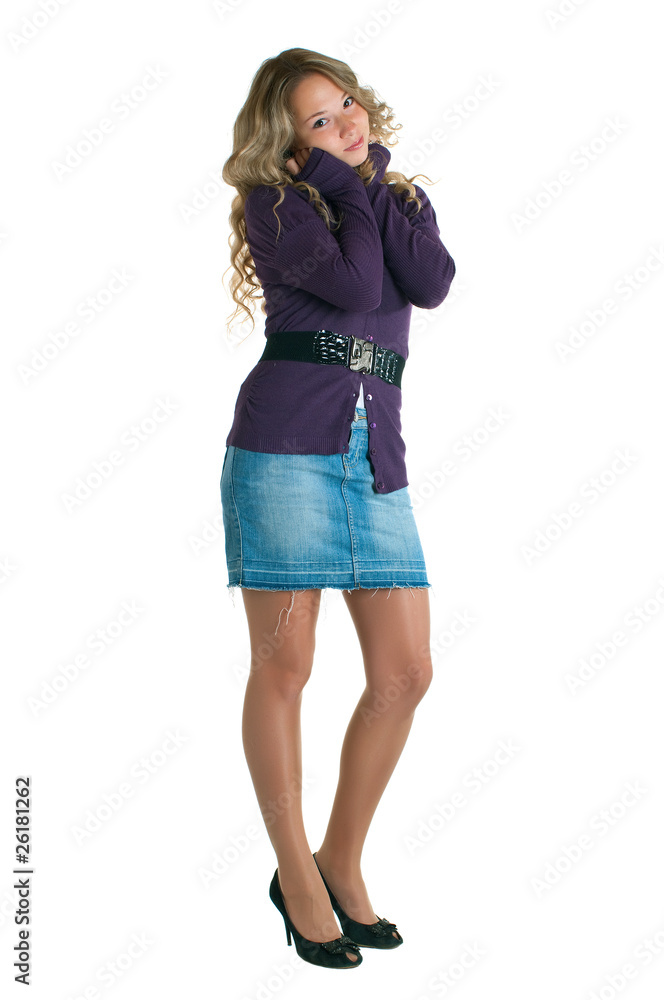 girl in a lilac shirt and jeans skirt girl in a lilac shirt and jeans skirt