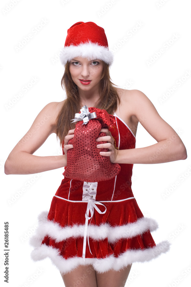 Closeup of girl in santa clause dress and gifts bag Closeup of girl in santa clause dress and gifts bag