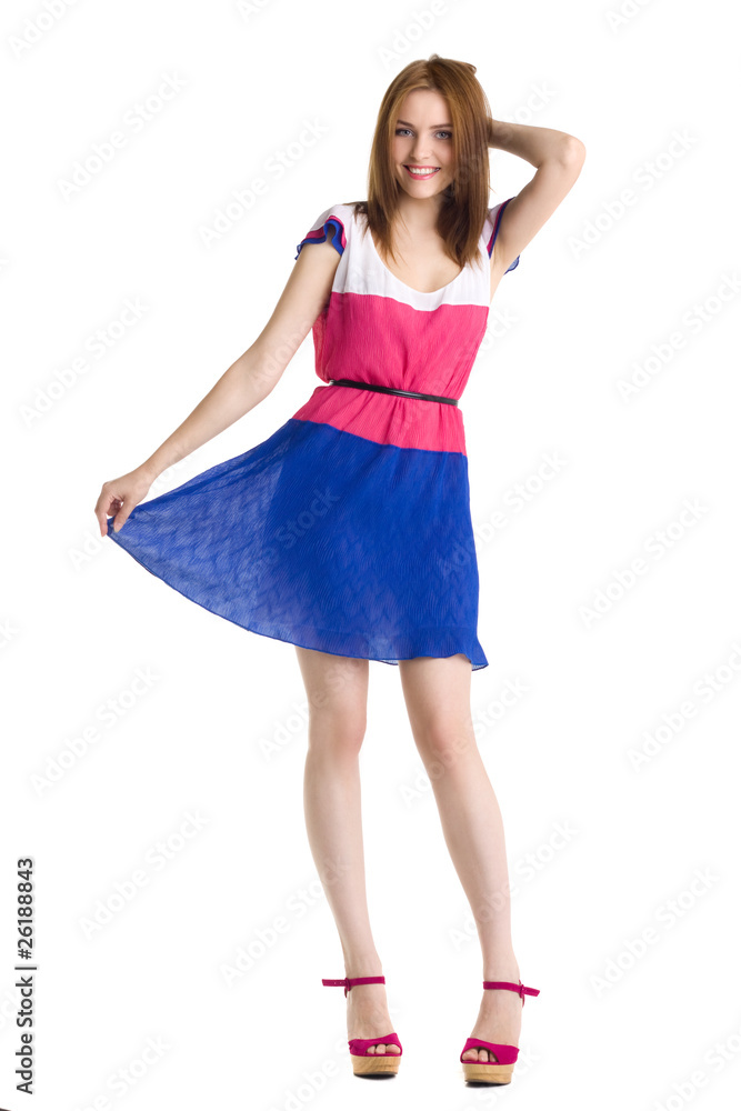young beautiful happy woman in dress isolated