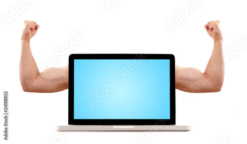 laptop with muscular biceps photo