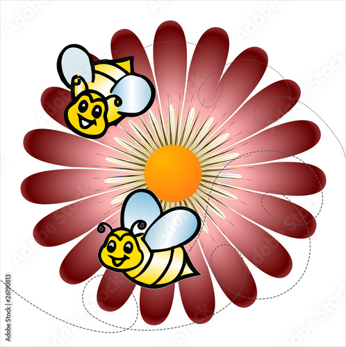 COLORFUL DAISIES meadow with bees background, vector