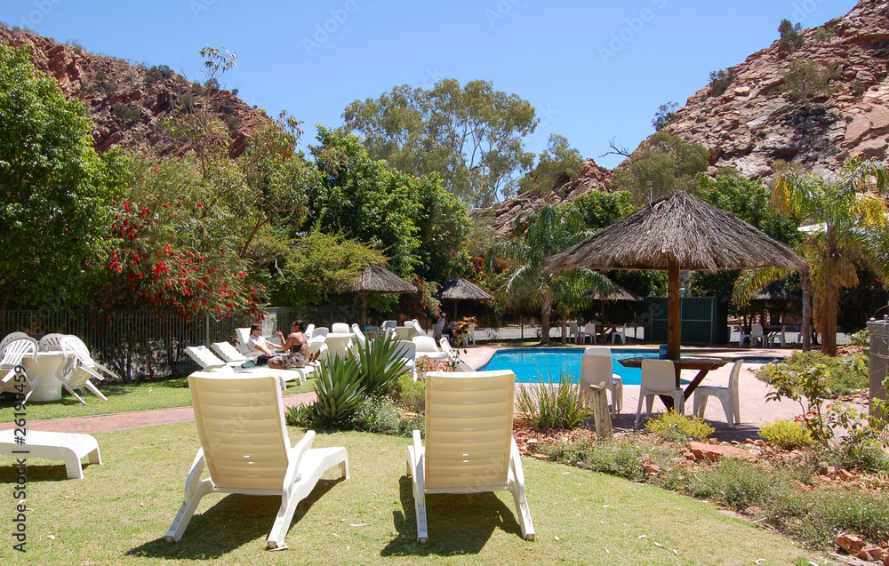 Poolside on hot, sunny day at resort in Alice Springs, Australia