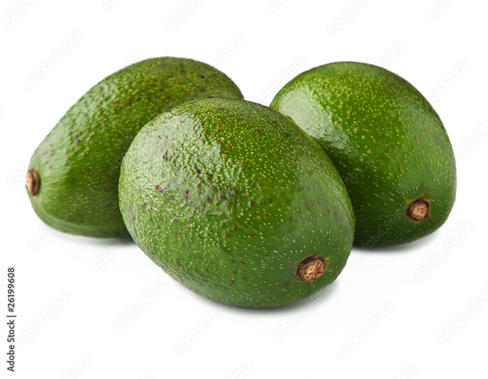 three green avocado closeup, isolated on white. three green avocado closeup, isolated on white.
