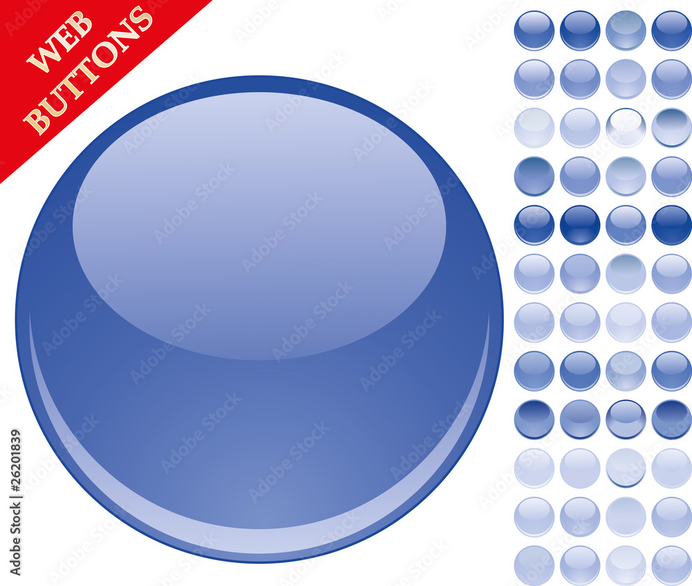 Set of 49 blue glass buttons, , vector illustration