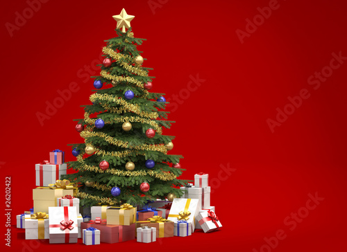 Christmas tree on red background with copy space