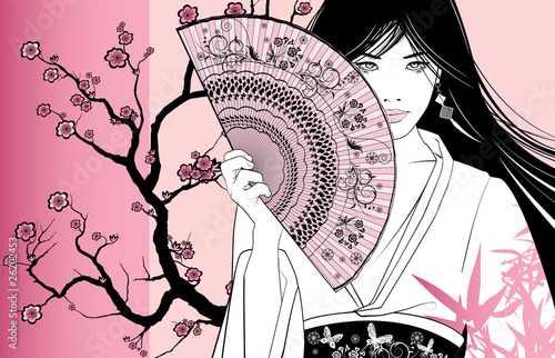 Fotografie, Obraz geisha on a pink floral background