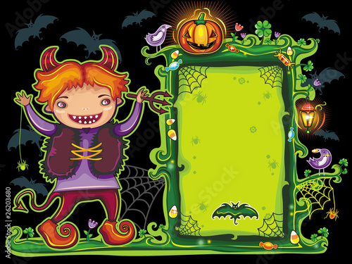 Halloween frame with cute devil boy with pitchfork in hand.