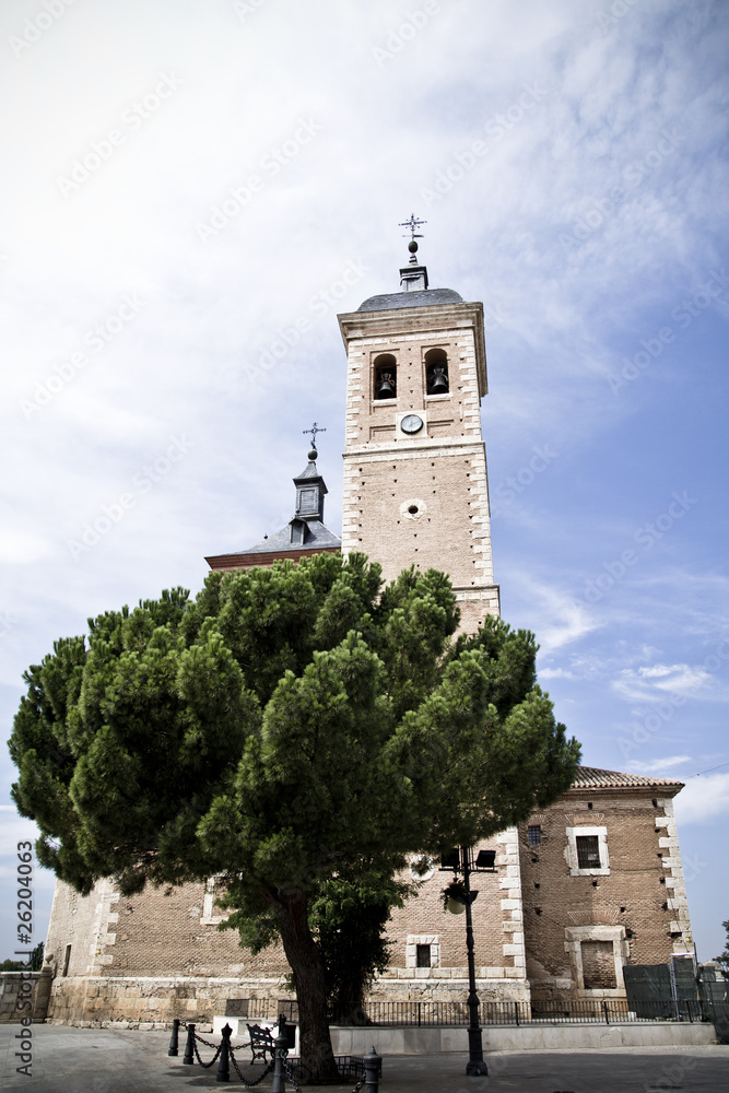 Church bell tower, rural landscape, Spain