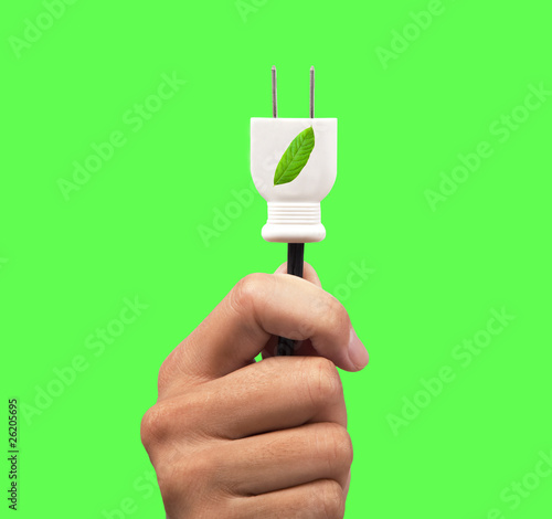 hand holding power plug and leaf logo