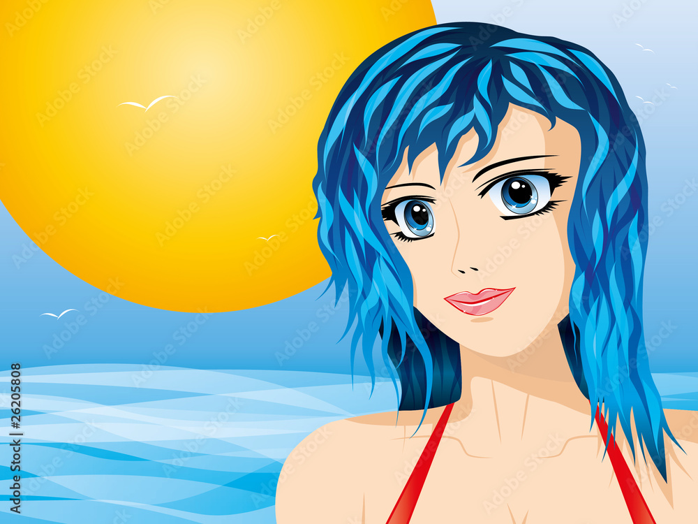 Girl with deep blue eyes and hair