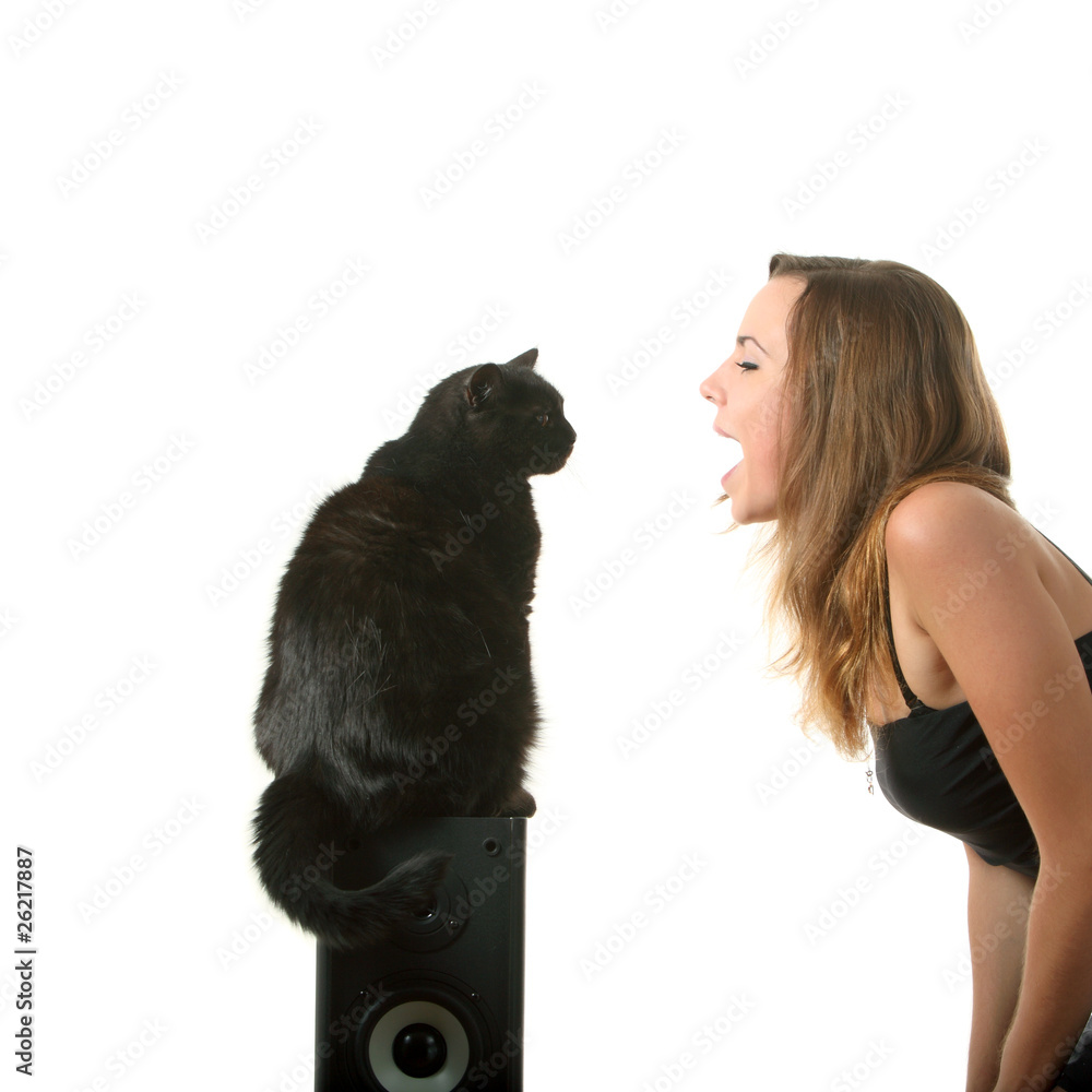 Obraz premium Cat look into the girls mouth