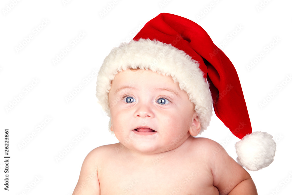 Beautiful babe with blue eyes and Christmas hat Beautiful babe with blue eyes and Christmas hat