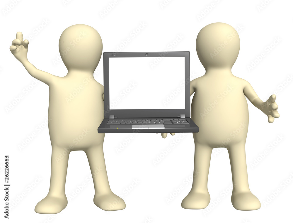 Puppets with laptop in hands Puppets with laptop in hands
