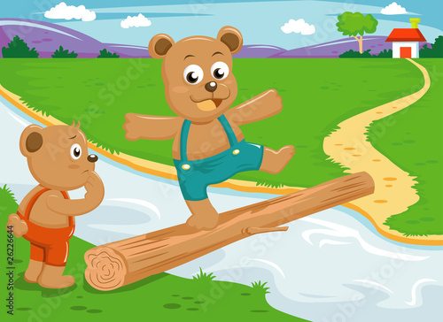 The bear brother balance on wood bridge