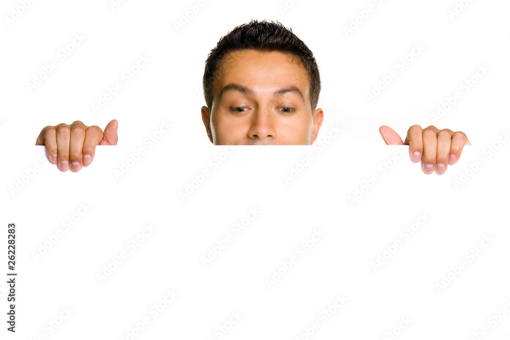 Potrait of a young guy holding blank billboard Potrait of a young guy holding blank billboard