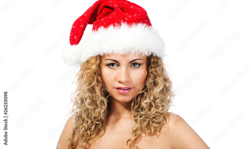 attractive girl in santa claus hat