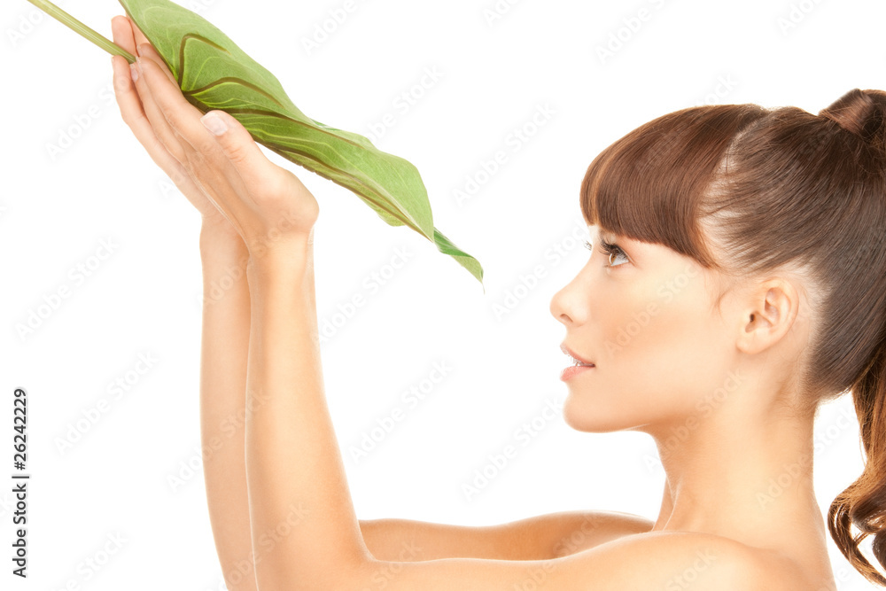 woman with green leaf woman with green leaf