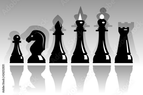 Set of black chess with reflections and shadows