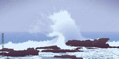 large Pacific Ocean wave crashing into rocks