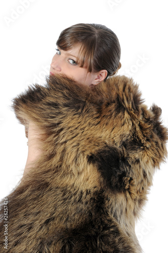 Photography beautiful young girl with fell the bear.
