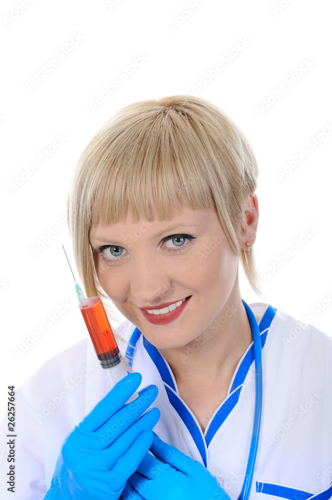 smiling nurse with a syringe in his hand. smiling nurse with a syringe in his hand.