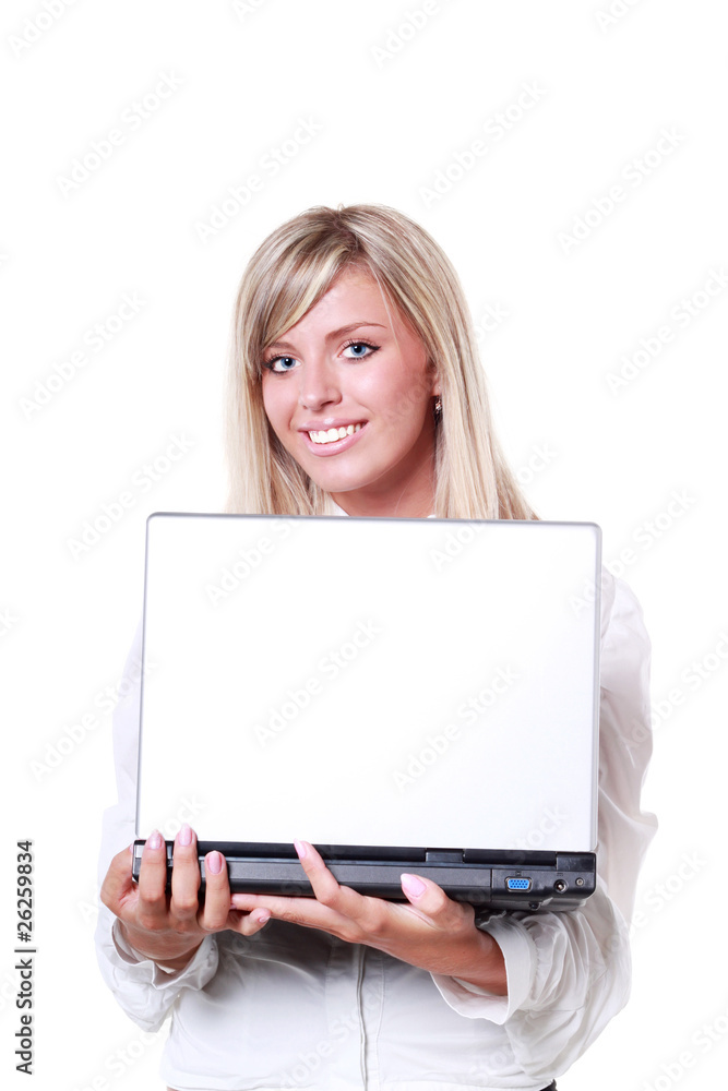 buisinesswoman holding a laptop isolated on white background buisinesswoman holding a laptop isolated on white background