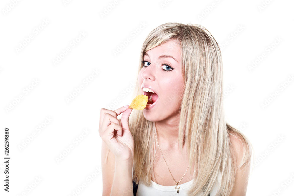 Young caucasian woman holding chips isolated on a white Young caucasian woman holding chips isolated on a white