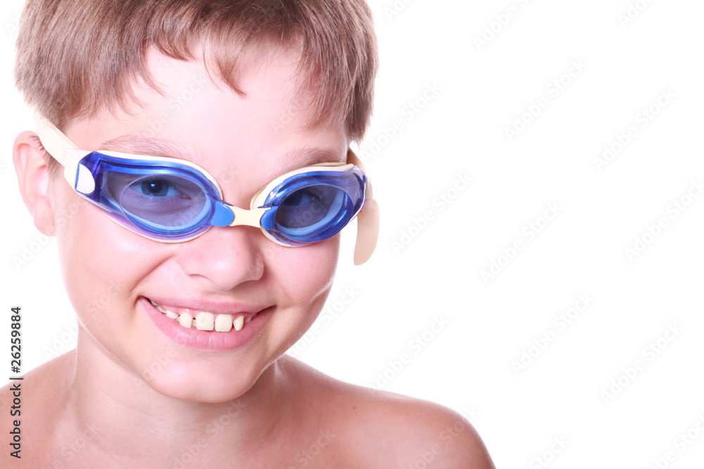 Isolated portrait of a child in swimming glasses Isolated portrait of a child in swimming glasses