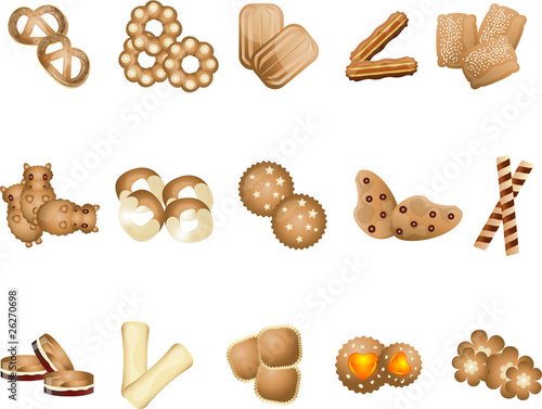 Cookies and biscuits icons set. Various pastry snack food. Chocolate and vanilla sweets