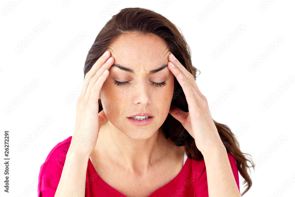 Depressed hispanic woman having a headache Depressed hispanic woman having a headache