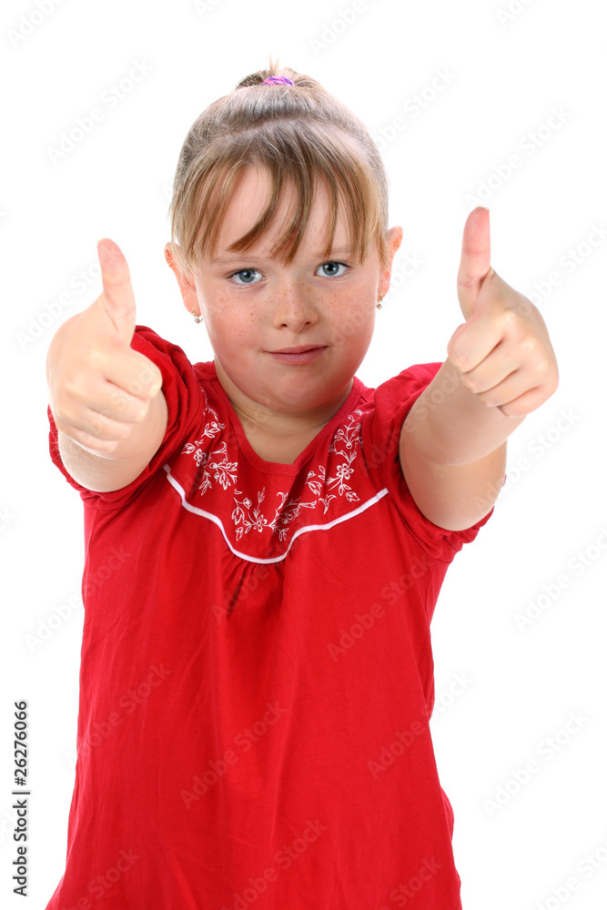 Small girl showing thumbs up gesture isolated on white Small girl showing thumbs up gesture isolated on white