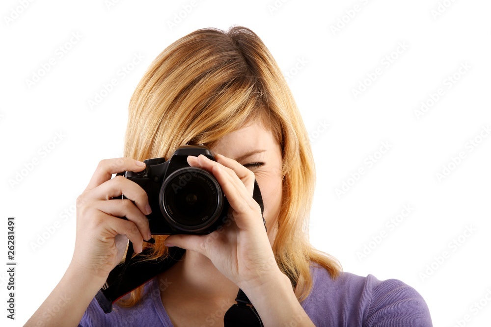 woman with single-lens reflex camera (white background) woman with single-lens reflex camera (white background)