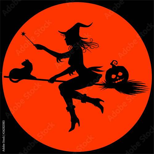 Silhouette of a Witch with cat and pumpkin