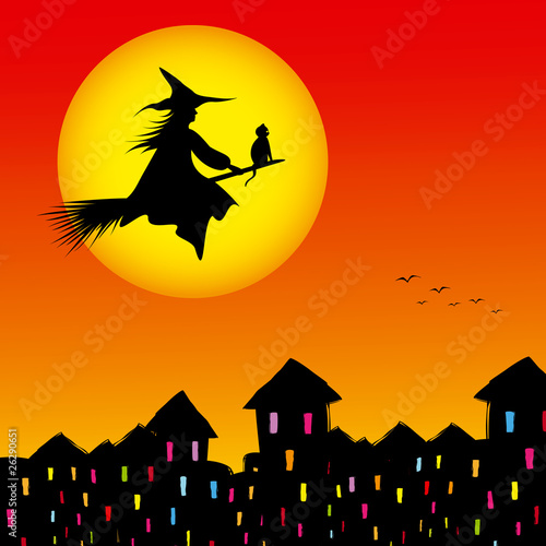 Fototapeta Halloween background silhouette of a witch flying in a broom