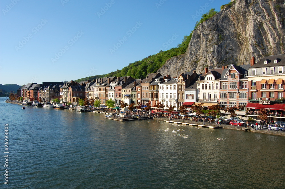 The village and the river with tourist, Dinant city, Belgium