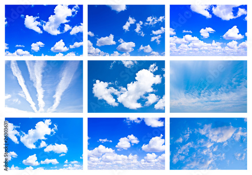 Collage made of many white fluffy clouds in the blue sky
