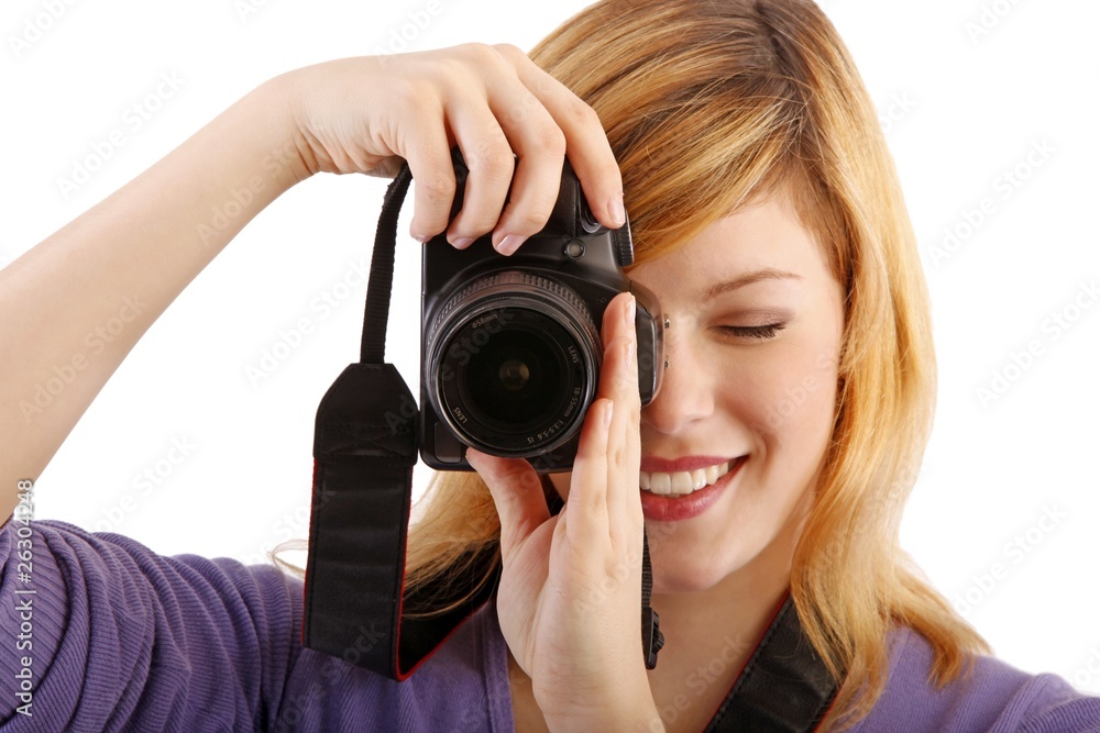 woman with single-lens reflex camera (white background) woman with single-lens reflex camera (white background)